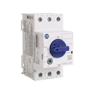 White Modular Three‑phase Circuit Breaker with a Blue Rotary Handle and Terminal Markings L1–l3 and T1–t3 (ab Brand) Front View