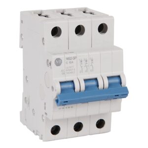Three-pole Miniature Circuit Breaker with Blue Switch Levers in a White Housing