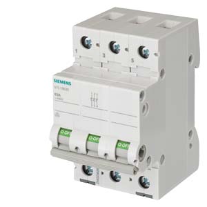 Three-pole Siemens Circuit Breaker Module Mounted on a Din Rail with Three Toggles.