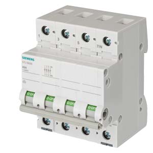 Siemens Four-pole Miniature Circuit Breaker with Four Green on Switches.